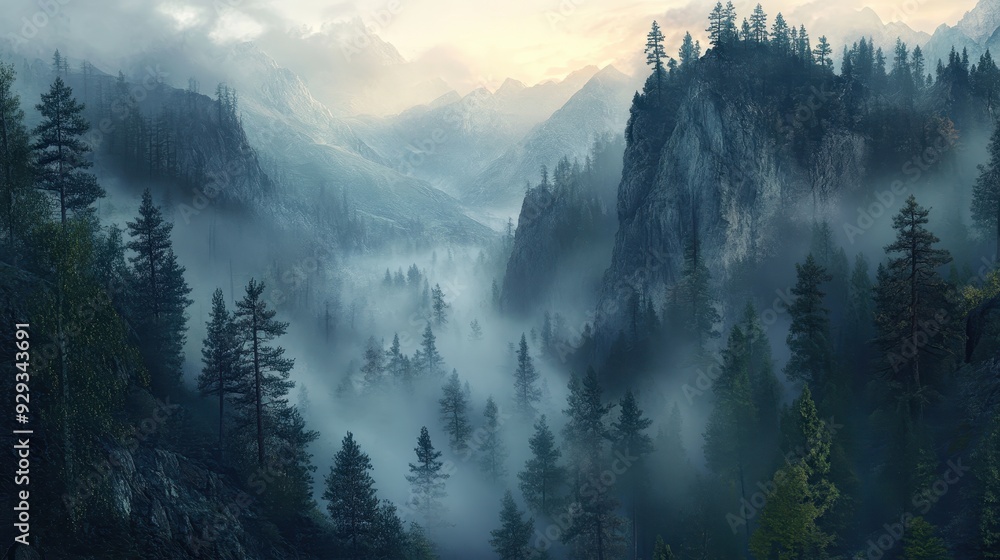 Naklejka premium A serene mountain landscape shrouded in mist and surrounded by towering trees.