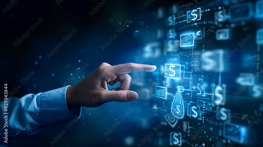 A hand interacting with digital financial icons on a futuristic interface. A hand interacting with digital financial icons on a futuristic interface.