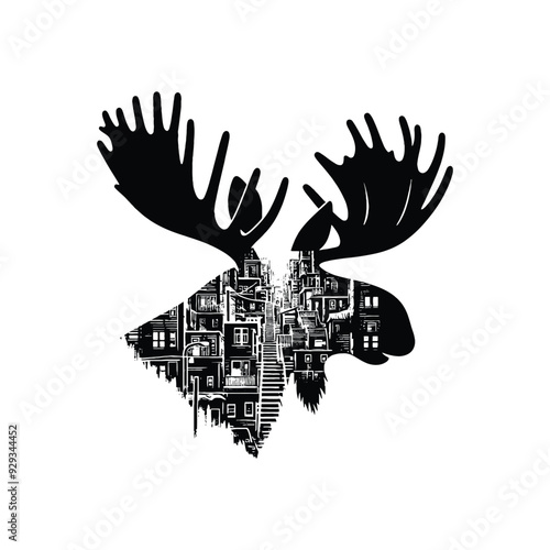 silhouette of Moose, filled with ghetto street in rough drawing,