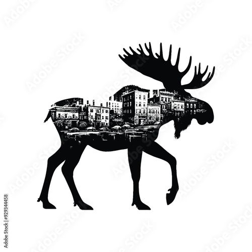 silhouette of Moose filled with ghetto street in rough drawing,