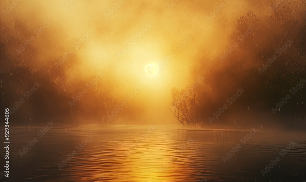 Obraz premium Sunset through the fog: Golden light filtering through mist, ethereal glow, mystical evening atmosphere