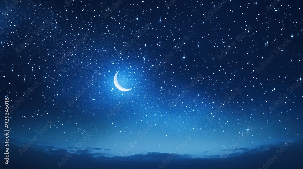 A serene night sky filled with stars and a crescent moon. A serene night sky filled with stars and a crescent moon.