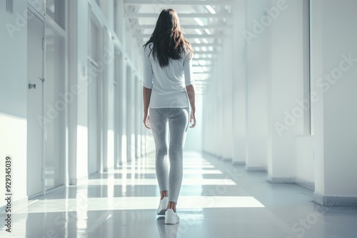 Free Download Back view of a high school girl in leggings and sneakers, walking towards sunlight in white corridor - GFXLoad