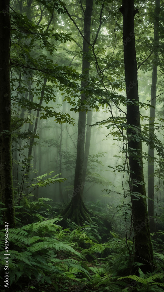 Fototapeta premium Enchanted Forest Trail: Mist and Ferns at Dawn
