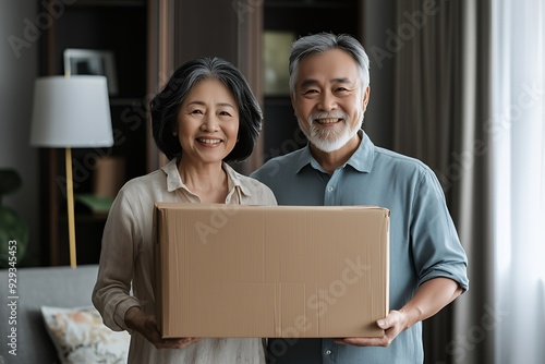 A happy elderly couple holding a cardboard box in a cozy living room.