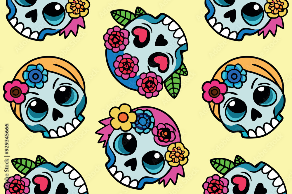 Skulls and flowers in a colorful Dia de los Muertos pattern on a yellow background. Skulls and flowers in a colorful Dia de los Muertos pattern on a yellow background.