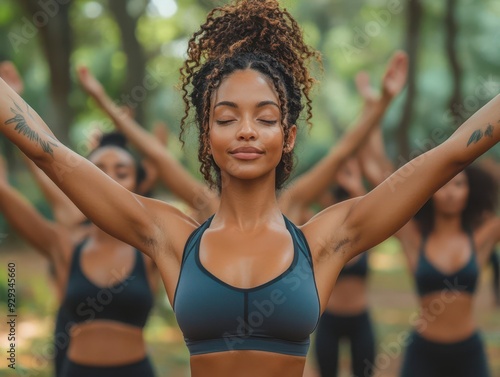 diverse group of women practicing outdoor yoga arms stretched skyward in unison serene park setting with lush greenery photo