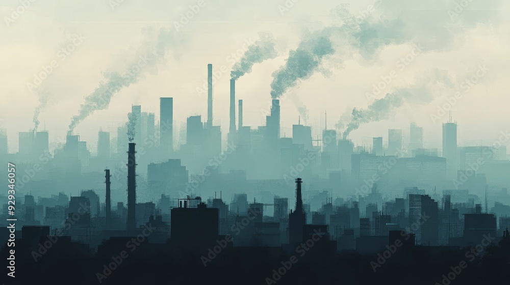 Fototapeta premium A hazy industrial skyline with smokestacks emitting pollution.