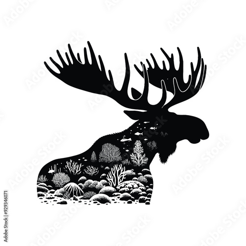 silhouette of Moose filled with underwater view with coral in rough drawing,