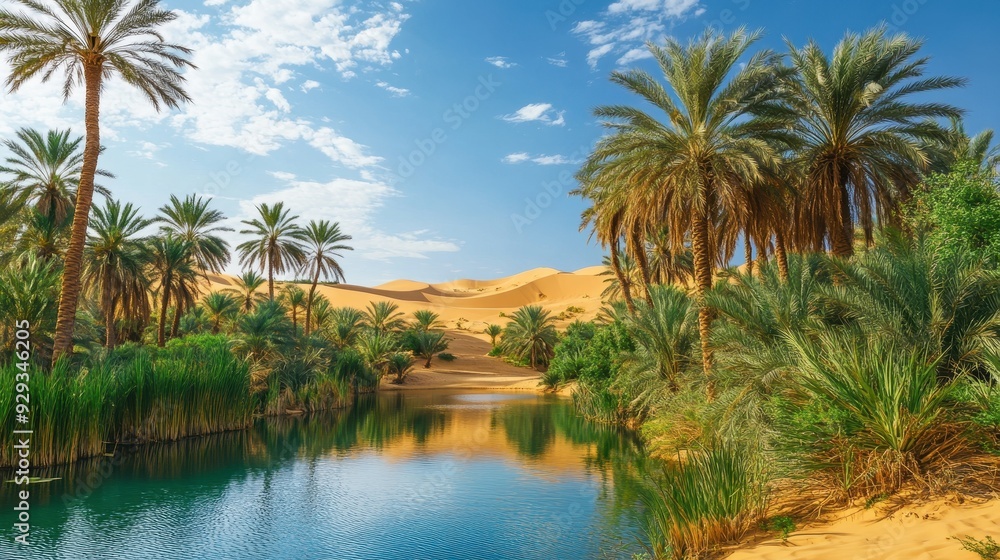 A serene oasis in a desert landscape with palm trees and a tranquil water body. A serene oasis in a desert landscape with palm trees and a tranquil water body.