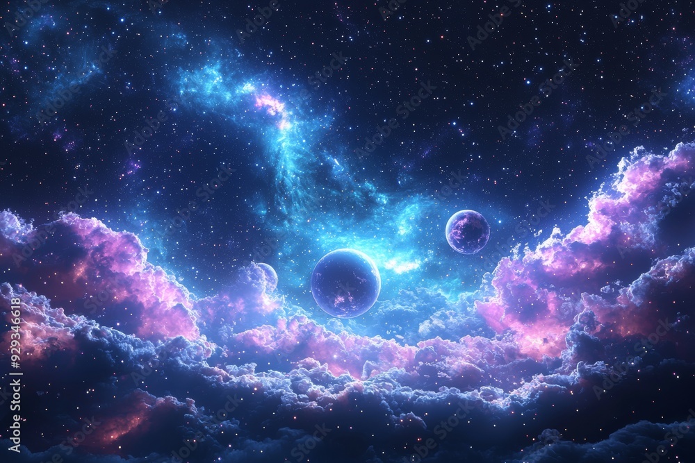 Space cosmic illustration with planets scene created with Generative AI Space cosmic illustration with planets scene created with Generative AI