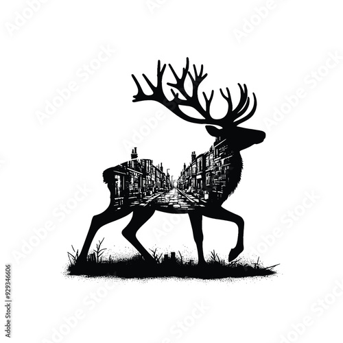 silhouette of Reindeer filled with ghetto street in rough drawing,