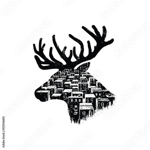 silhouette of Reindeer, filled with ghetto street in rough drawing,