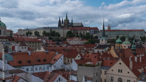 Prague, Czech Republic cityscape cloudy day  time lapse. St. Vitus Cathedral and Malá Strana district of the city of Prague.