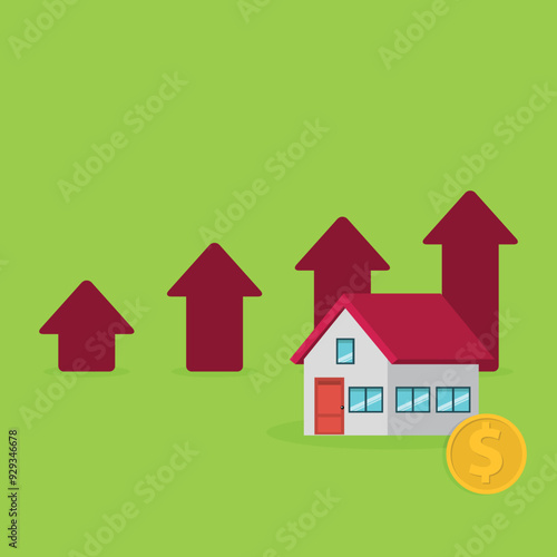 Arrows rise up above the house. The concept of growth in demand for real estate. Increase in the value of property, vector illustration	