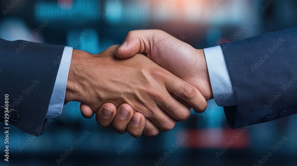Two business men shaking hands in front of a blue background, AI Two business men shaking hands in front of a blue background, AI