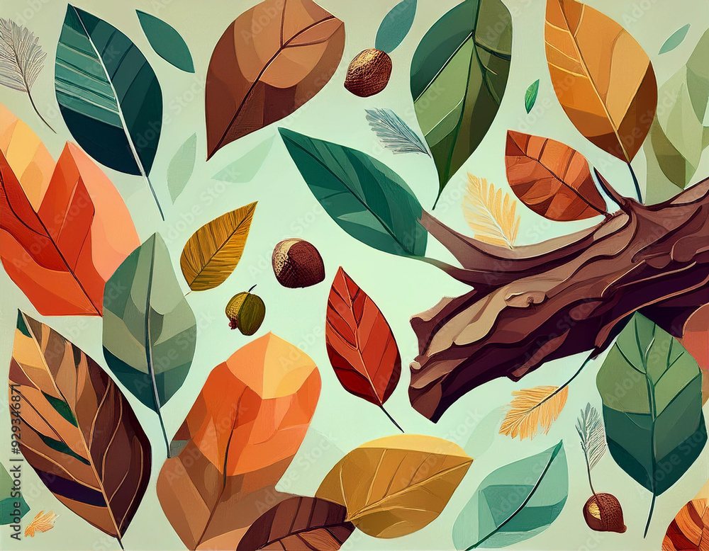 custom made wallpaper toronto digitalAbstract Illustration of Layered Leaves, Bark, and Acorns with Varied Transparency Levels