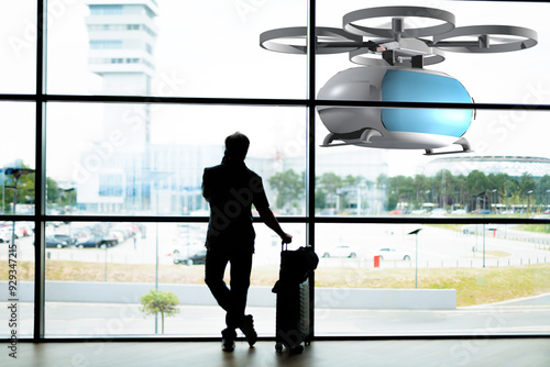 man waiting at airport terminal, with flying drone taxi outside