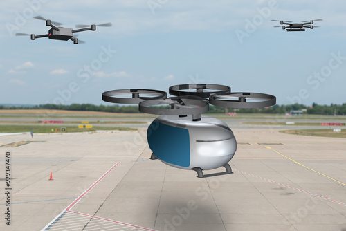 Futuristic flying vehicles above an airport runway with a drone and an innovative air taxi in the sky