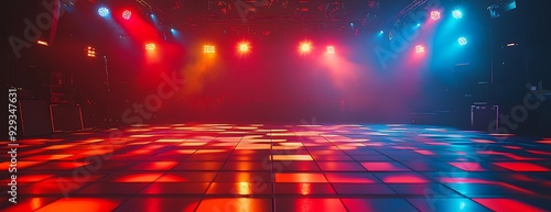 Empty dance floor with colored lights and a tiled surface.