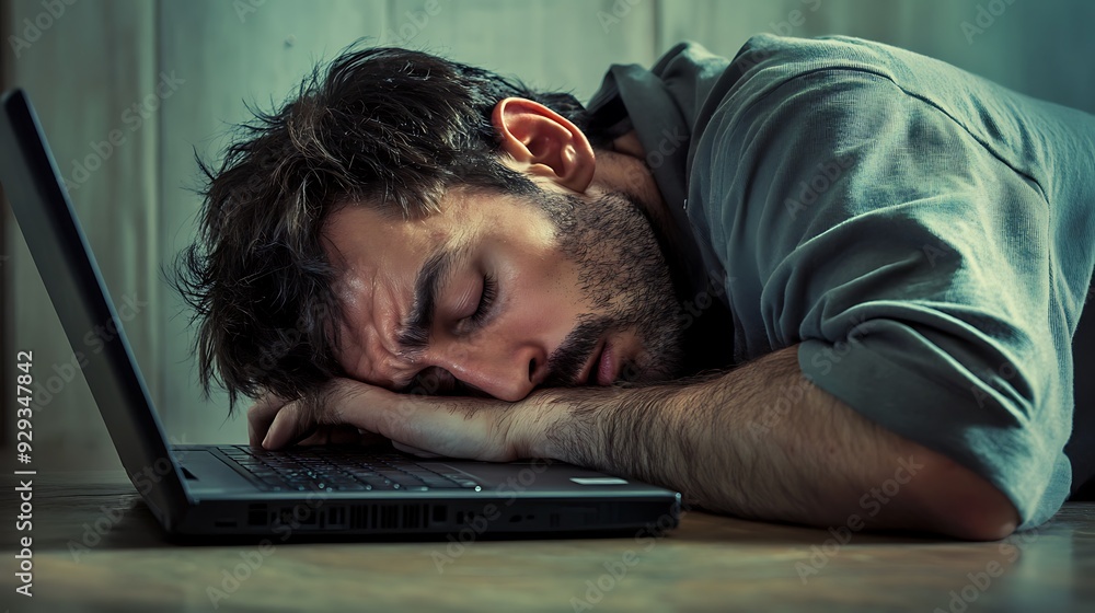 Exhausted man asleep on laptop at desk. Exhausted man asleep on laptop at desk.