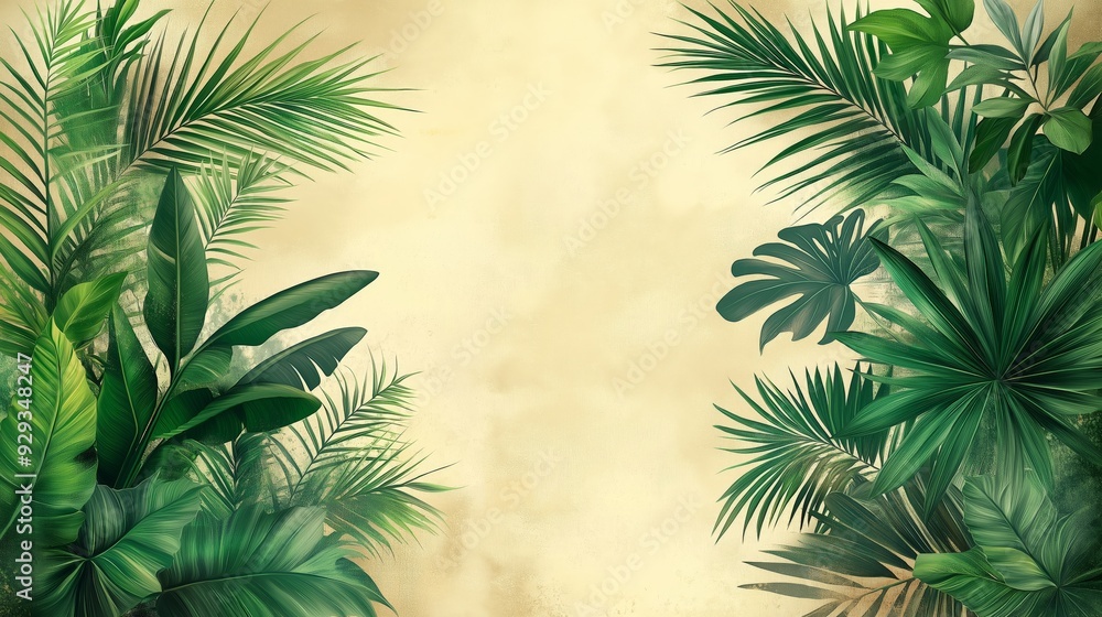 Naklejka premium Tropical Green Palm Leaves in a Minimalist Background with Earthy Beige Tones, Creating a Natural and Relaxing Eco-Friendly Design