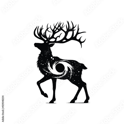 silhouette of Reindeer filled with space and sci-fi element in rough drawing,