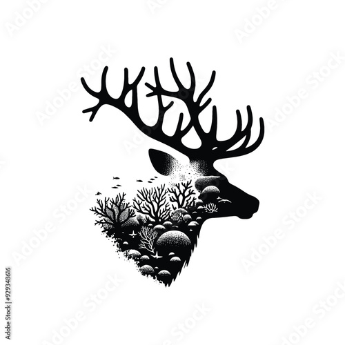 silhouette of Reindeer, filled with underwater view with coral in rough drawing,