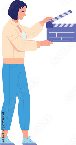 Woman with clapper. Movie director assistant. Film clapboard