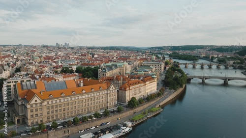 Prague city aerial view. The central part of the city, the Vltava river and many bridges over the river. Prague is the capital and largest city of Czech Republic and the historical capital of Bohemia