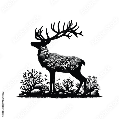 silhouette of Reindeer filled with underwater view with coral in rough drawing,