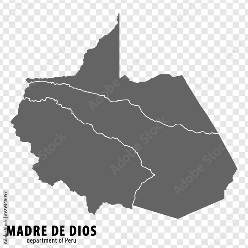 Blank map Department Madre de Dios of Peru. High quality map Department  of Madre de Dios with districts on transparent background for your web site design, logo, app, UI.  Republic of Peru.  EPS10.