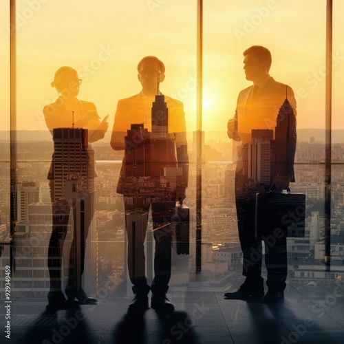 business professionals, cityscape, silhouettes, golden hour, reflections, skyscrapers, sunlight, shadows, double exposure, corporate theme