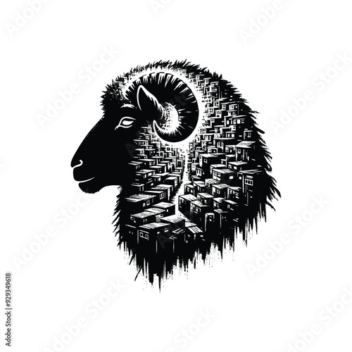 silhouette of sheep, filled with ghetto street in rough drawing,