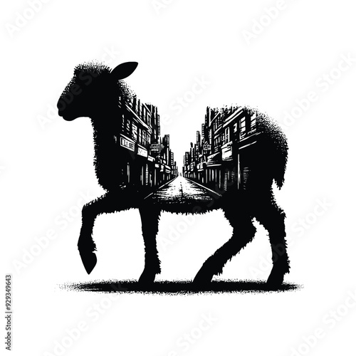 silhouette of sheep filled with ghetto street in rough drawing,