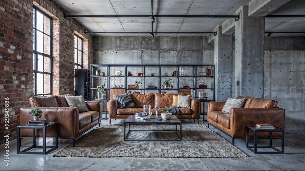 Modern Living Room with Industrial Design Elements and Exposed Brick Walls Modern Living Room with Industrial Design Elements and Exposed Brick Walls