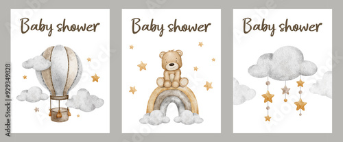 Set of baby shower invitation. Greeting card with teddy bear, Hot Air Balloon, clouds and stars. New born celebration. Template of newborn's party invitation. Watercolor hand drawn illustration.
