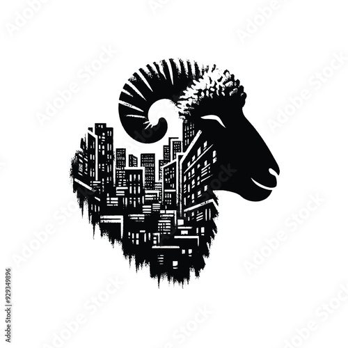 silhouette of sheep, filled with ghetto street in rough drawing,