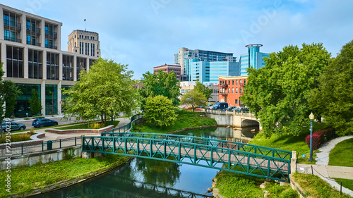 Photos Aerial View of Green Pedestrian Bridge Over Arcadia Creek in Downtown Kalamazoo