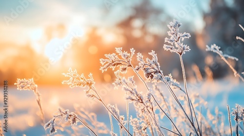 Frosty winter grass in the sunrise light.