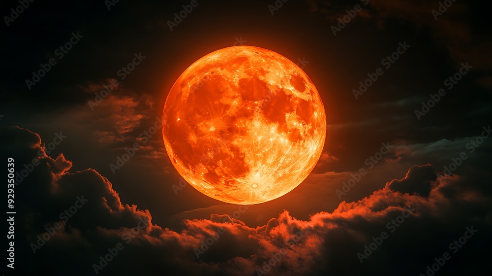 Full, glowing orange moon in dark sky with clouds. Full, glowing orange moon in dark sky with clouds.