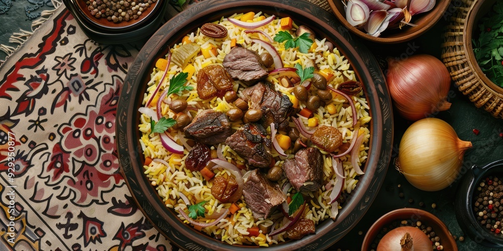 Top view of pilaf with lamb meat rice mixed dried fruits onions and chestnuts Top view of pilaf with lamb meat rice mixed dried fruits onions and chestnuts