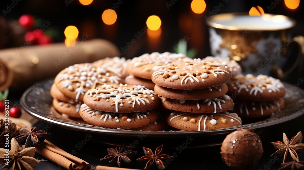 Christmas gingerbread cookies. Stars shape pastry, Decorated with confetti, golden tree balls, pine branches, cinnamon sticks and dried spices. Christmas gingerbread cookies. Stars shape pastry, Decorated with confetti, golden tree balls, pine branches, cinnamon sticks and dried spices.