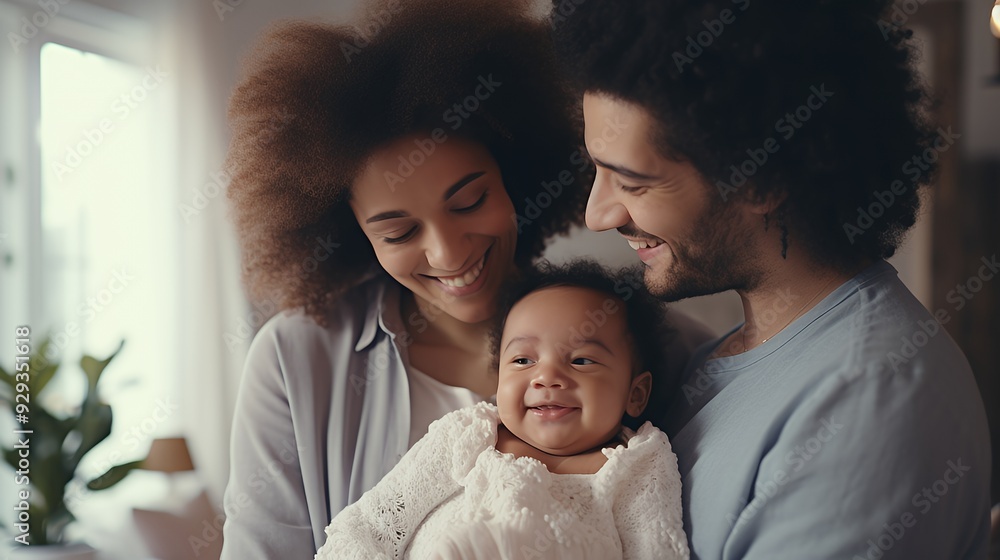 A joyful family portrait featuring parents smiling at their baby. A joyful family portrait featuring parents smiling at their baby.