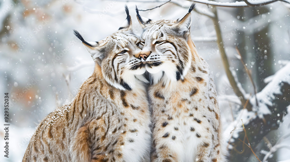 Captivating Lynx Couple Embracing in Snowy Landscape Two majestic lynxes sharing a moment of affection amidst the winter wonderland showcasing the beauty and grace of these iconic feline predators Captivating Lynx Couple Embracing in Snowy Landscape Two majestic lynxes sharing a moment of affection amidst the winter wonderland showcasing the beauty and grace of these iconic feline predators