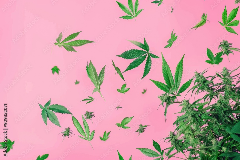 A bunch of green leaves floating through the air A bunch of green leaves floating through the air