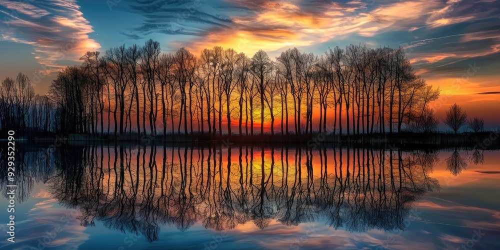 Obraz premium Silhouetted Trees and Water Reflections in Beautiful Sunset Scene by the Lake