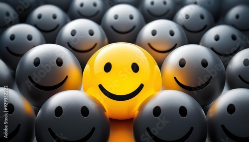 Bright Yellow Smiley Shines Among Gray Sad Emoticons: A Cheerful Contrast for Positive Mood