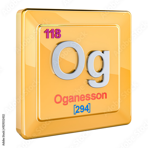 Oganesson Og, chemical element sign with number 118 in periodic table. 3D rendering isolated on transparent background photo