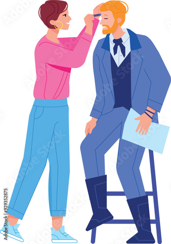 Makeup artist preparing actor for scene shooting. Film crew character